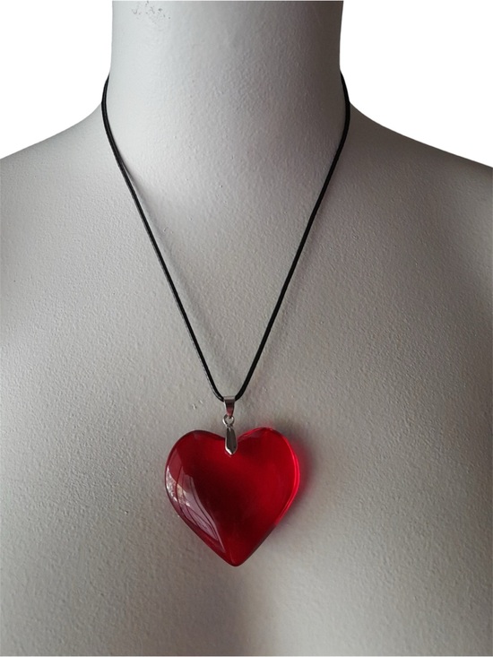 Jewelry - Red Glass Heart Pendant Necklace Goth Black Cord Puffy Acrylic Choker Y2K